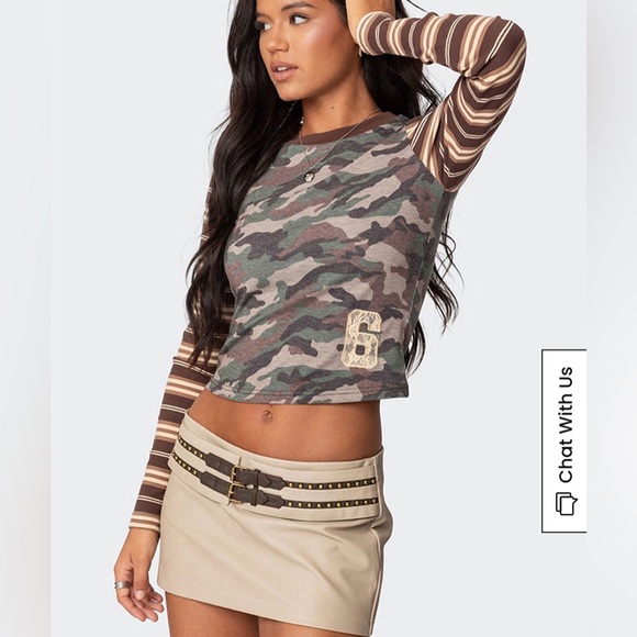 Edikted Camo & Stripe Long Sleeve T-Shirt - Picture 2 of 6